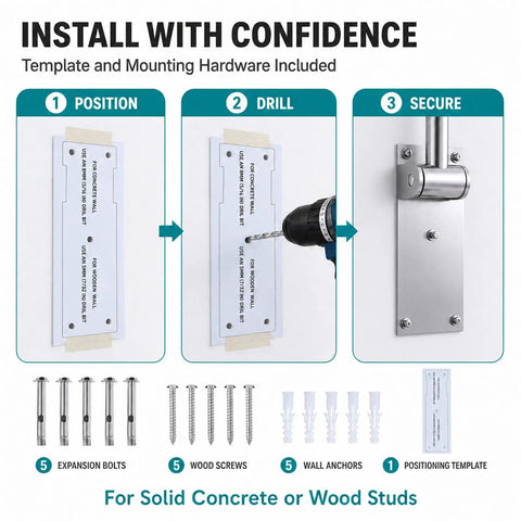 Installation steps for Hella Sturdy 24 Inch Folding Toilet Grab Bar with template and mounting hardware included.