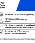 Color LaserJet Pro MFP 3301sdw Wireless All In One Color Printer feature list highlighting two-sided printing and connectivity.