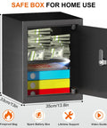 Rugged Steel Fireproof Safe Box With Secure Key Lock And Generous Shelf Space for stashing cash and documents, open view with shelves.