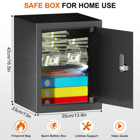 Rugged Steel Fireproof Safe Box With Secure Key Lock And Generous Shelf Space for stashing cash and documents, open view with shelves.
