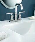 WS84228 Dope Chrome Finish Two Handle High Arc Bathroom Faucet with mirror shine installed on a modern white sink
