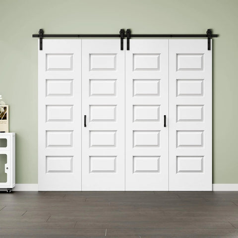 Ninety Six Inch By Eighty Four Inch Five Panel Folding Barn Door Kit With One Zero Four Inch Heavy Duty Rail Assembly, white panels.