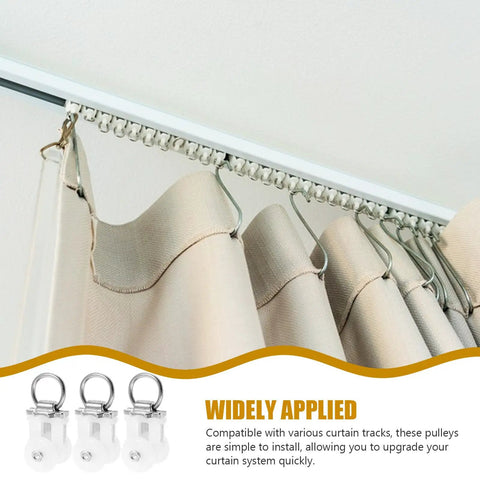 30 Pcs Heavy Duty Double Wheel Curtain Track Rollers on track with cream curtains, showcasing durable alloy plastic build and smooth glide.