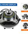 Heavy Duty Front Wheel Hub And Bearing Assembly For 4WD 4x4 Trucks 6 Lug With ABS top, front, and bottom views in detail.