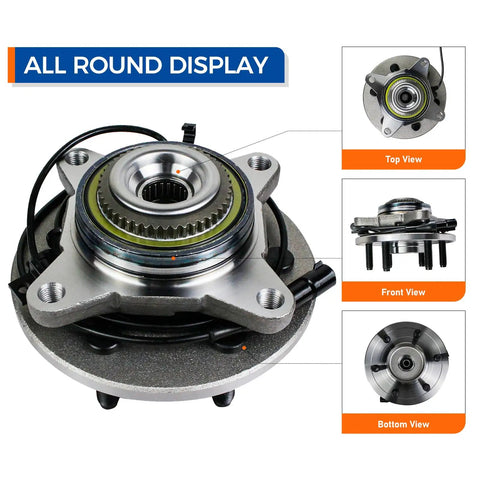 Heavy Duty Front Wheel Hub And Bearing Assembly For 4WD 4x4 Trucks 6 Lug With ABS top, front, and bottom views in detail.