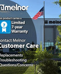 Melnor building with 7-year warranty and customer care details for replacements, troubleshooting, and inquiries.
