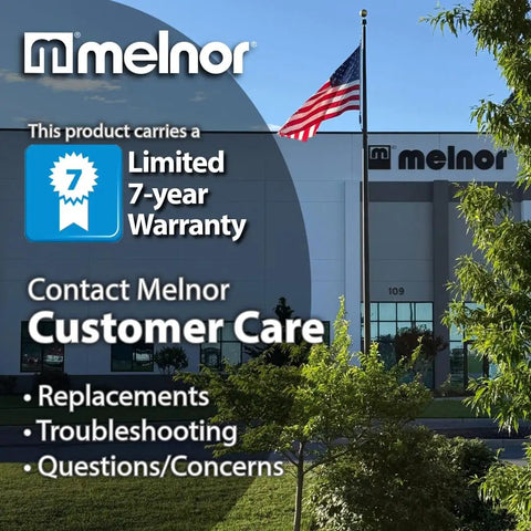 Melnor building with 7-year warranty and customer care details for replacements, troubleshooting, and inquiries.
