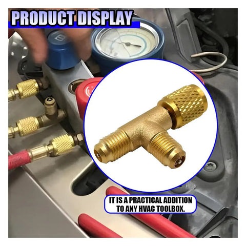 1/4 Inch SAE AC Valve Core Tee Adapter With Brass Swivel Connector For HVAC Line Repair Pro Grade Quick Coupler Access Tee in use