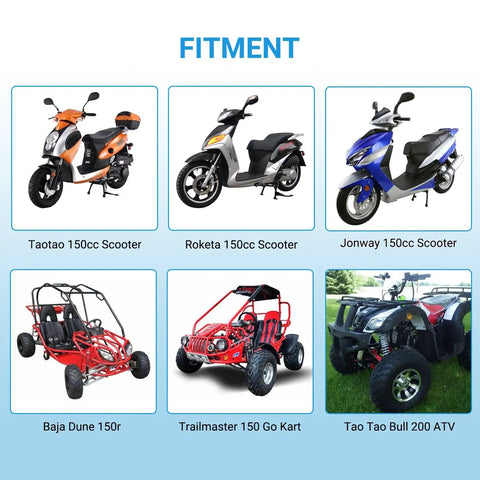 Image showing compatible vehicles for GY6 150cc Carburetor PD24J Kit: Taotao 150cc Scooter, Roketa 150cc Scooter, Jonway 150cc Scooter, Baja Dune 150r, Trailmaster 150 Go Kart, Tao Tao Bull 200 ATV.