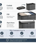 Massive Zippered Fabric Storage Bags Straight Up Heavy Duty And Foldable For Zero Fuss Home Organization No Sweat Closet Organizer shows how to unfold, fill, zip and store.
