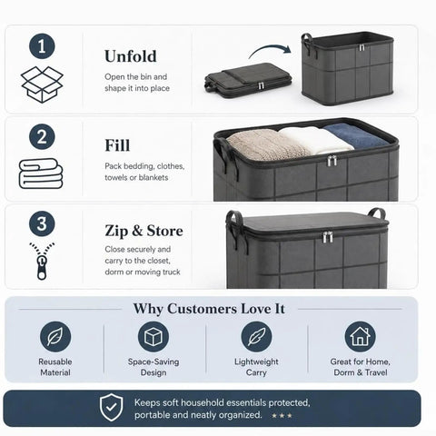 Massive Zippered Fabric Storage Bags Straight Up Heavy Duty And Foldable For Zero Fuss Home Organization No Sweat Closet Organizer shows how to unfold, fill, zip and store.