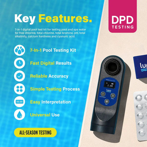 Digital Pool Test Kit For Swimming Pools Spas And Hot Tubs Delivers Dead On Results For PH Free Chlorine And Calcium Levels showing features and handheld device.
