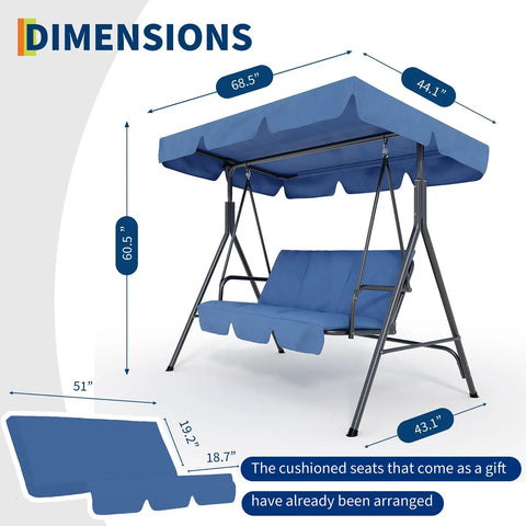 Dimensions of three-seat outdoor porch swing with adjustable canopy, removable cushions, powder-coated steel frame, sturdy stand.