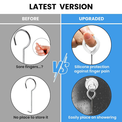 Comparison of old versus upgraded Slick Steel Shower Drain Hook With Soft Silicone Grips And Easy Pull Strip Feature For Hassle Free Drain Cover Removal Plus Linear Grate Extraction In No Sweat Bathroom Set Gray.