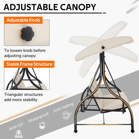 Adjustable canopy and stable frame structure of 3-Seater Outdoor Porch Swing With Adjustable Backrest And Canopy, 2-In-1 Convertible Patio Swing To Daybed, Removable Beige Cushions For Adults, Super Comfy Outdoor Lounge For Your Backyard Or Garden.
