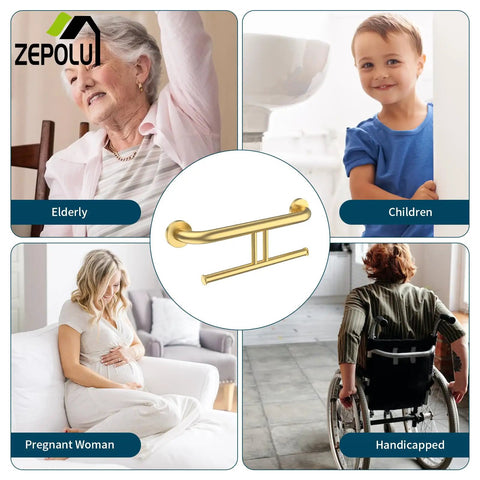 Heavy Duty Brushed Gold Handicap Grab Bar With Integrated Toilet Paper Roll Holder And 304 Stainless Steel Build Offer Kick Ass Grip And Drip Worthy Wall Mounted Bath Safety Rail For Real Ones Who Want Solid Support with images of diverse users.