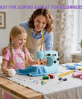 Straight Up Hassle Free Compact Mini Sewing Machine With Dual Speed Options Bright Led Lamp Extension Table And Slick All In One Beginner Kit For Diy Fabrics, used by mother and daughter.