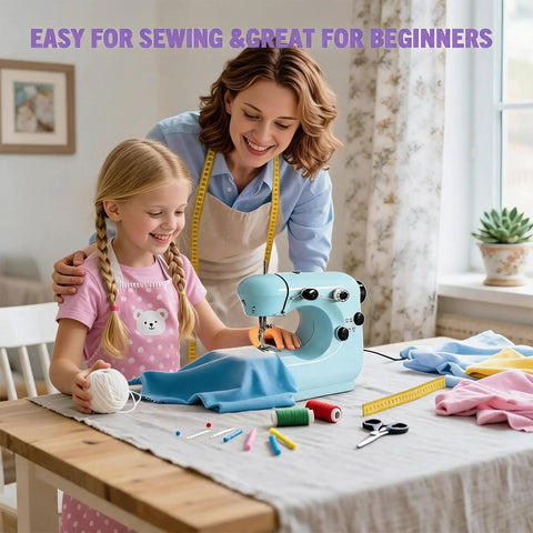 Straight Up Hassle Free Compact Mini Sewing Machine With Dual Speed Options Bright Led Lamp Extension Table And Slick All In One Beginner Kit For Diy Fabrics, used by mother and daughter.
