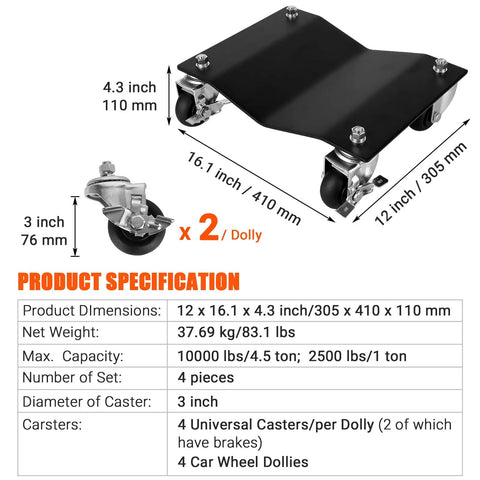 Heavy Duty Car Dolly Set Of 4 Rock Solid Steel Build With Dead Simple Locking Casters And 10000 Lbs Capacity dimensions and specifications.