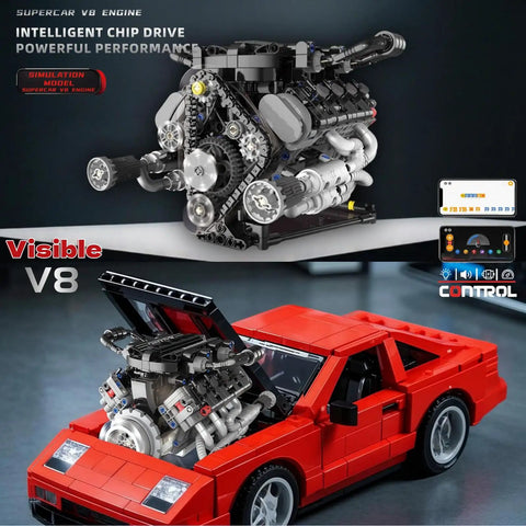 8 Cylinder Visible Engine Kit With App Controls, mini engine model with transparent housing, shown installed in red toy car