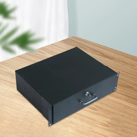 19 Inch Rack Mount Server Drawer With Smooth Silent Glide Tracks And Secure Front Latch on wooden desk ready for network gear.