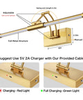 24 Inch Picture Light For Wall With 8000mAh Rechargeable Battery Wireless LED Light, brass finish and charging indicators