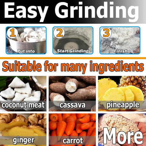 Ingredients for Heavy Duty Kitchen Workhorse Potato And Root Crop Grinder; coconut, cassava, pineapple, ginger, carrot images