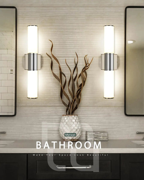 Two Light Vanity Lights With Milk Glass Shade In Chrome Finish Up And Down Wall Sconces over bathroom mirror