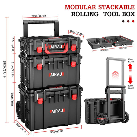Heavy Duty 3 Tier Rolling Tool Box With Wheels, All Terrain Waterproof Storage System, shown with dimensions and removable trays