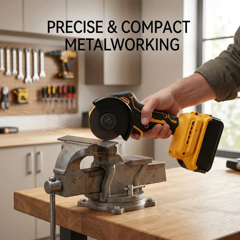 Grab This Badass Brushless Mini Circular Saw That Seamlessly Morphs Into An Angle Grinder For Effortless Cutting And Grinding Across Wood Metal Tile And Plastic Surfaces, shown in use on a workbench with a metal vise.