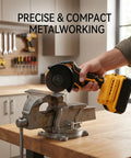 Kickass 3 Inch Brushless Mini Circular Saw With 12000 RPM And 3 Speed Settings, Doubles As An Angle Grinder For Wood Metal Tile And Plastic, Packs 16 mm Cutting Depth And US Plug in use on a metal workbench.