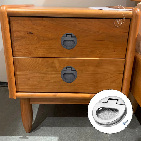 Flush Ring Pull Handles Set Of 3 43.5mm Zinc Alloy Dark Silver Flush Pull Slam Latch Installed on Wooden Drawer Cabinet