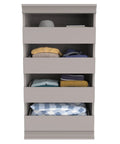 Super Slick Modular Closet Storage Organizer With Four Stackable Drawers In Taupe featuring neatly folded clothes and a hat.