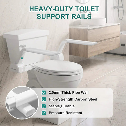 Rock Solid White Toilet Safety Rails With Heavy Duty Non Slip Handles For Seniors And Mobility Aid Bathroom Assist Support Grab Bar installed beside a toilet.