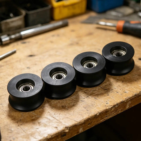 Tough As Nails Nylon Pulley Wheels For Door And Window Track 4 Pack Silky Smooth Replacement Rollers Pre Greased on workbench.