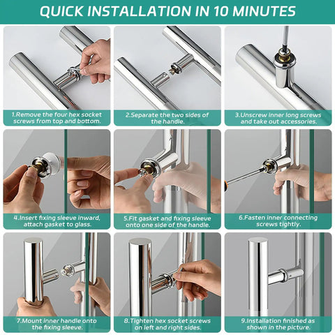 Installation steps for 24 Inch Barn Door Handle Built Like A Tank With Heavy Duty 304 Stainless Steel Smooth Gliding Pull Bar.