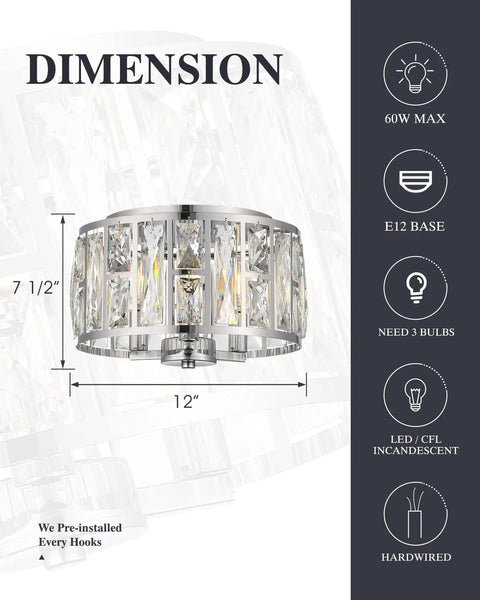 Dimensions and features of 12 Inch Semi Flush Mount Crystal Ceiling Light With Matte Black Finish, 3 Light Modern Chandelier
