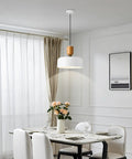 Modern Pendant Light With Natural Wood And Brass Accent, 12-Inch White Matte Shade, Adjustable Cord for Kitchen Island