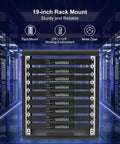 19-inch rack mount with beefed up five port 10G Ethernet switch with auto negotiation and base T RJ45 ports in server room.