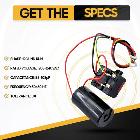 Heavy Duty Hard Start Capacitor Kit For HVAC Units Boosts AC Compressor Power With Smooth Kickstart Relay Upgrade For 1 To 3 Ton Models 88 To 108 Microfarad showing round casing and electrical connections.
