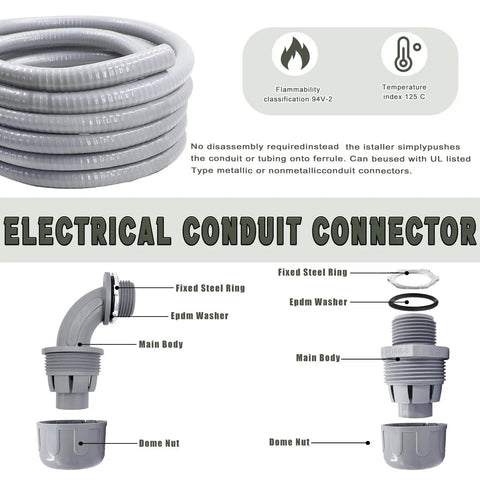 1 Inch Liquid Tight Conduit 5 Ft Non Metallic Flex Cable Sleeve With Hella Smooth PVC Interior detailing conduit connectors and fittings.