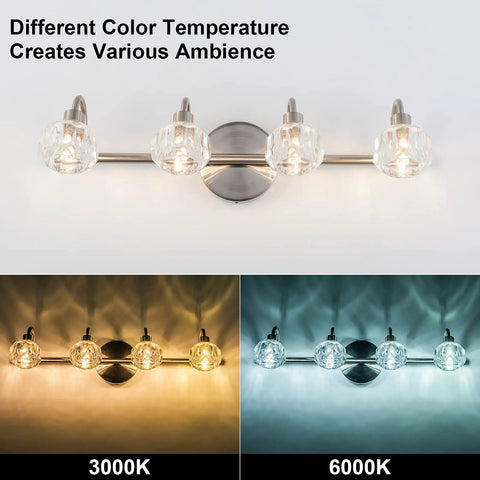 Modern 4 Light Bathroom Vanity Light Over Mirror With Crystal Glass Shade LED Wall Fixture in dual temperature settings.