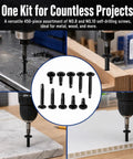 450 Piece Go-To Black Self Drilling Screws Kit With 410 Stainless Steel Assortment shown drilling into metal and wood surfaces