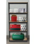 Heavy Duty Five Tier Black Steel Storage Rack Featuring Hella Sturdy Boltless Shelves And Rock Solid Adjustable Frames with organized tools and bins.