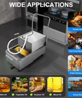 Heavy Duty Commercial Fryer Filter Machine Stainless Steel Mobile Oil Filtration Cart with hose and storage space for oils.