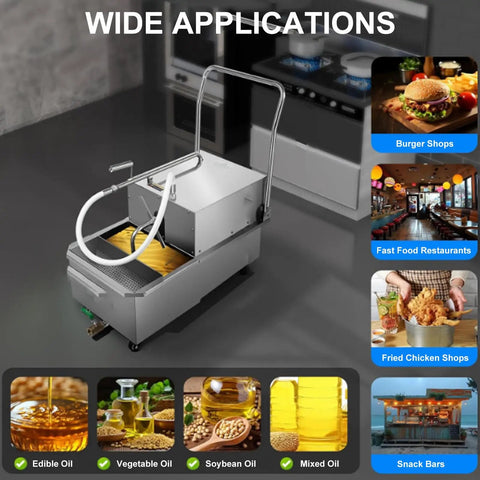 Heavy Duty Commercial Fryer Filter Machine Stainless Steel Mobile Oil Filtration Cart with hose and storage space for oils.