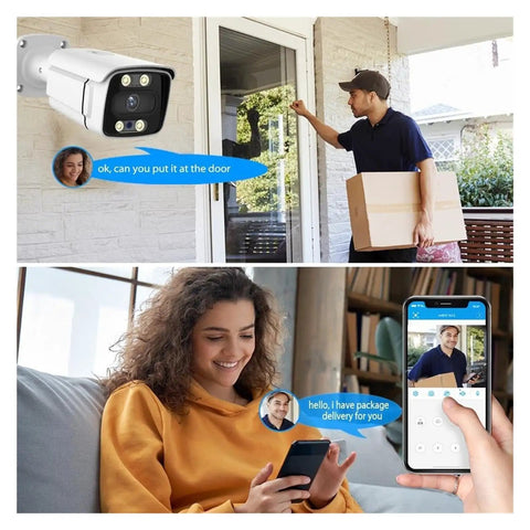 Plug And Play 8CH PoE Security Camera NVR Kit capturing a delivery scene with a camera and user interaction.