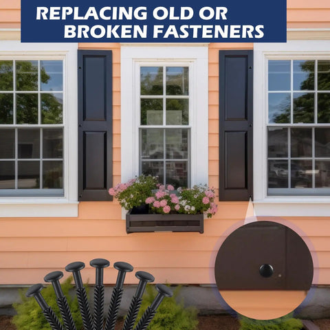 36 Pack Vinyl Shutter Fasteners Featuring Heavy Duty 3 Inch Stainless Steel And Black Plastic Spike Anchors With Secure Caps used to replace old fasteners.