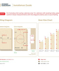 Installation guide for Soft Close Cabinet Hinge Set for Frameless Full Overlay Kitchen Cabinets with diagrams and door size chart.