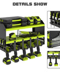 Power Tool Organizer With Five Drill Holders And Wall Mount Shelf showcasing cordless drills, green heavy-duty steel, and tools storage.